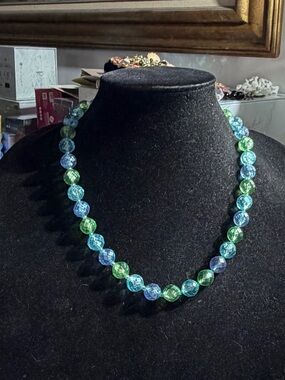 Vintage Western Germany Blue Green Beaded Necklace